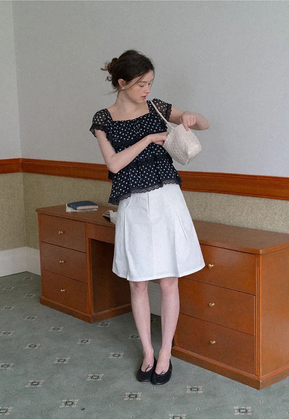 Polka Dot Sheer Ruffled Lace Trim Blouse