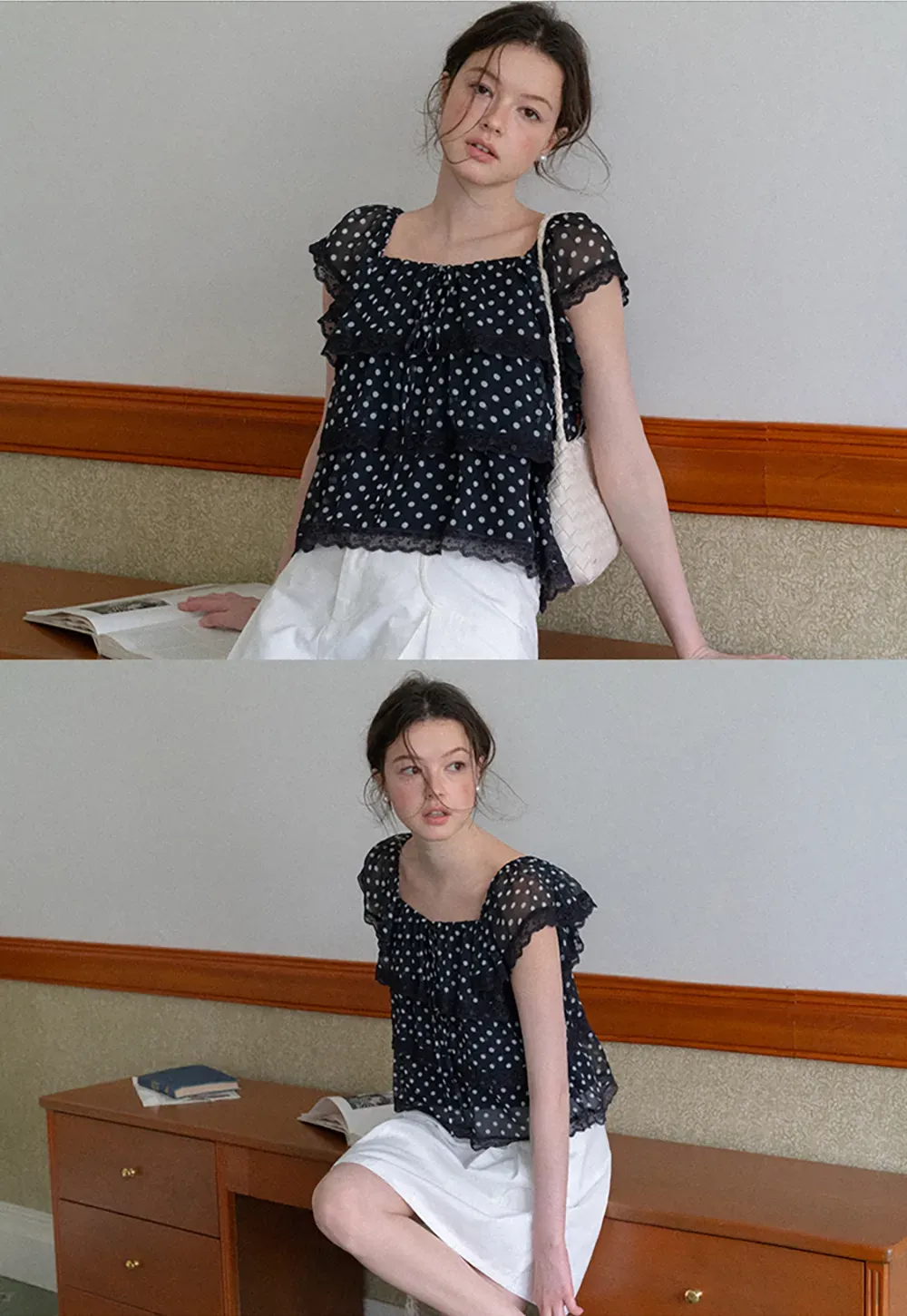 Polka Dot Sheer Ruffled Lace Trim Blouse