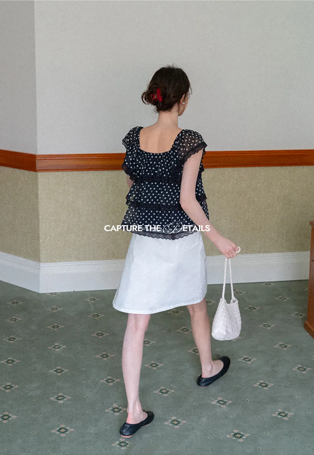Polka Dot Sheer Ruffled Lace Trim Blouse
