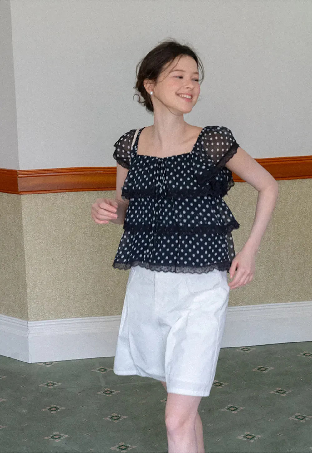 Polka Dot Sheer Ruffled Lace Trim Blouse