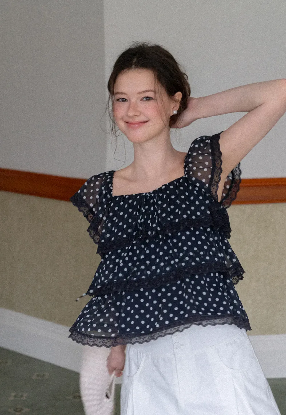 Polka Dot Sheer Ruffled Lace Trim Blouse