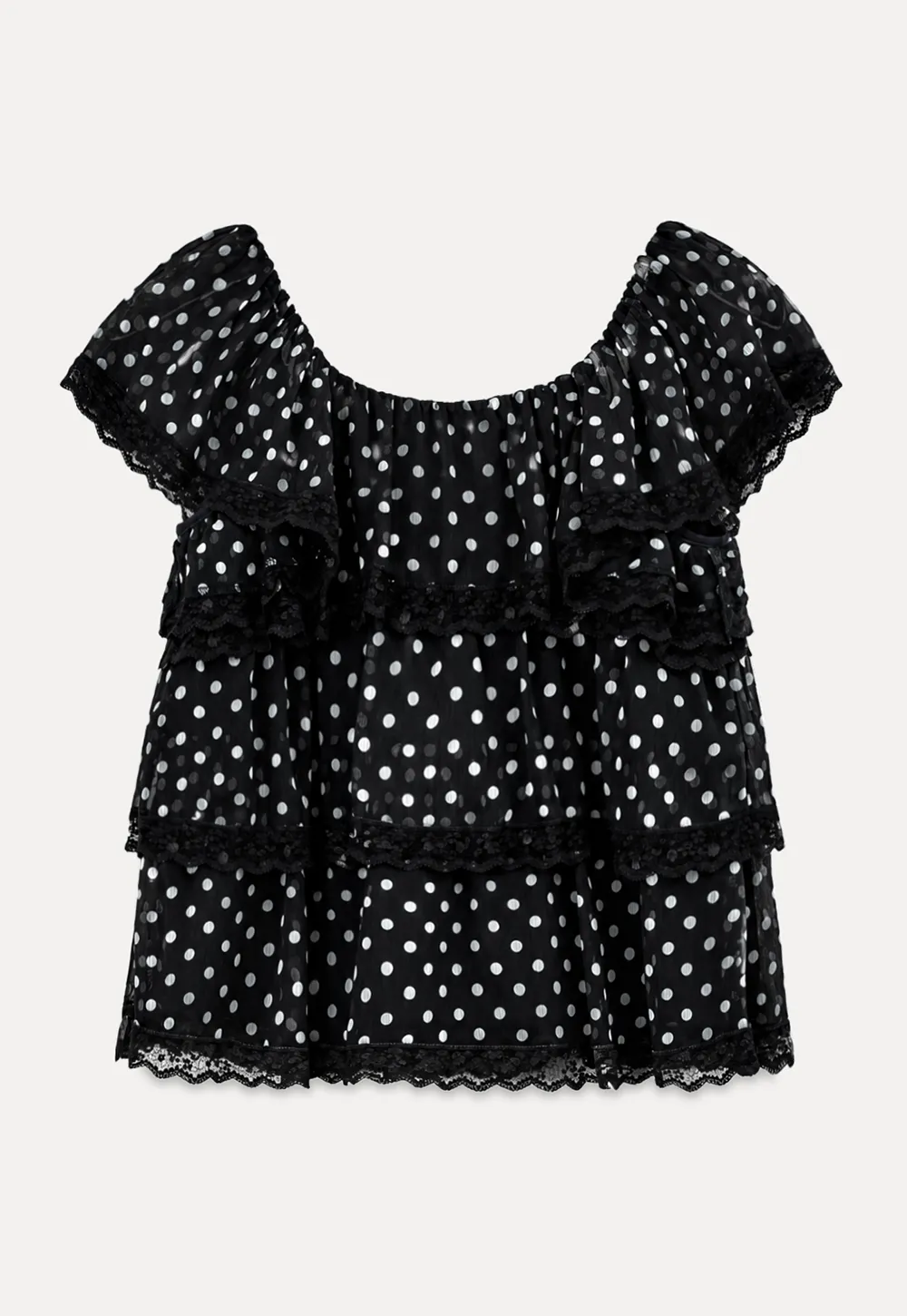 Polka Dot Sheer Ruffled Lace Trim Blouse