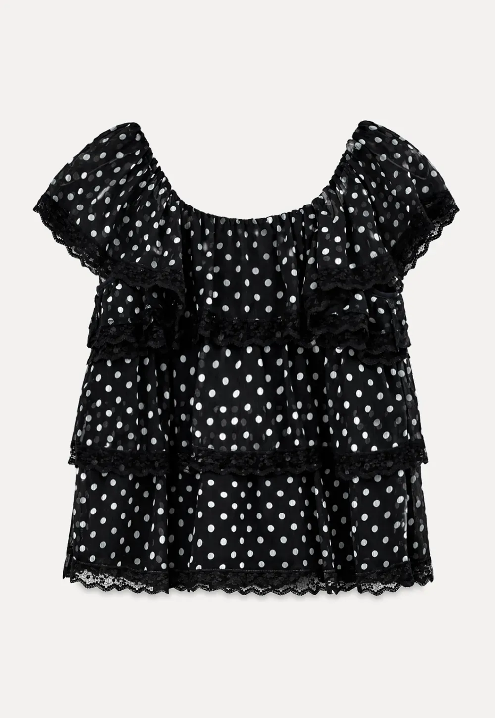 Polka Dot Sheer Ruffled Lace Trim Blouse