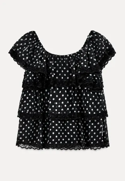 Polka Dot Sheer Ruffled Lace Trim Blouse