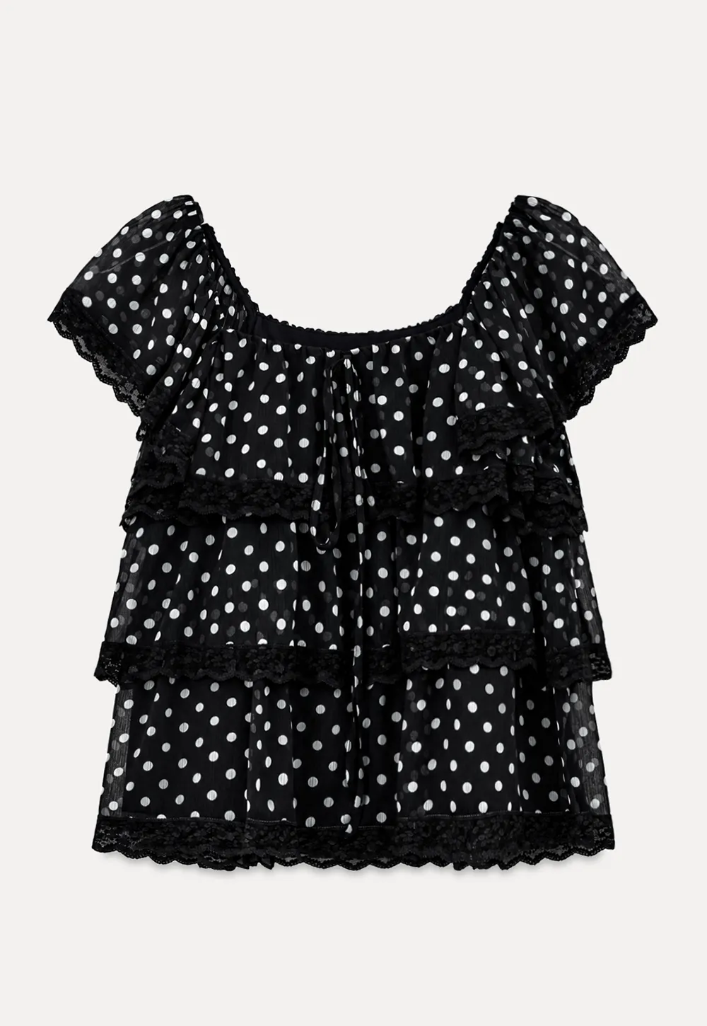 Polka Dot Sheer Ruffled Lace Trim Blouse