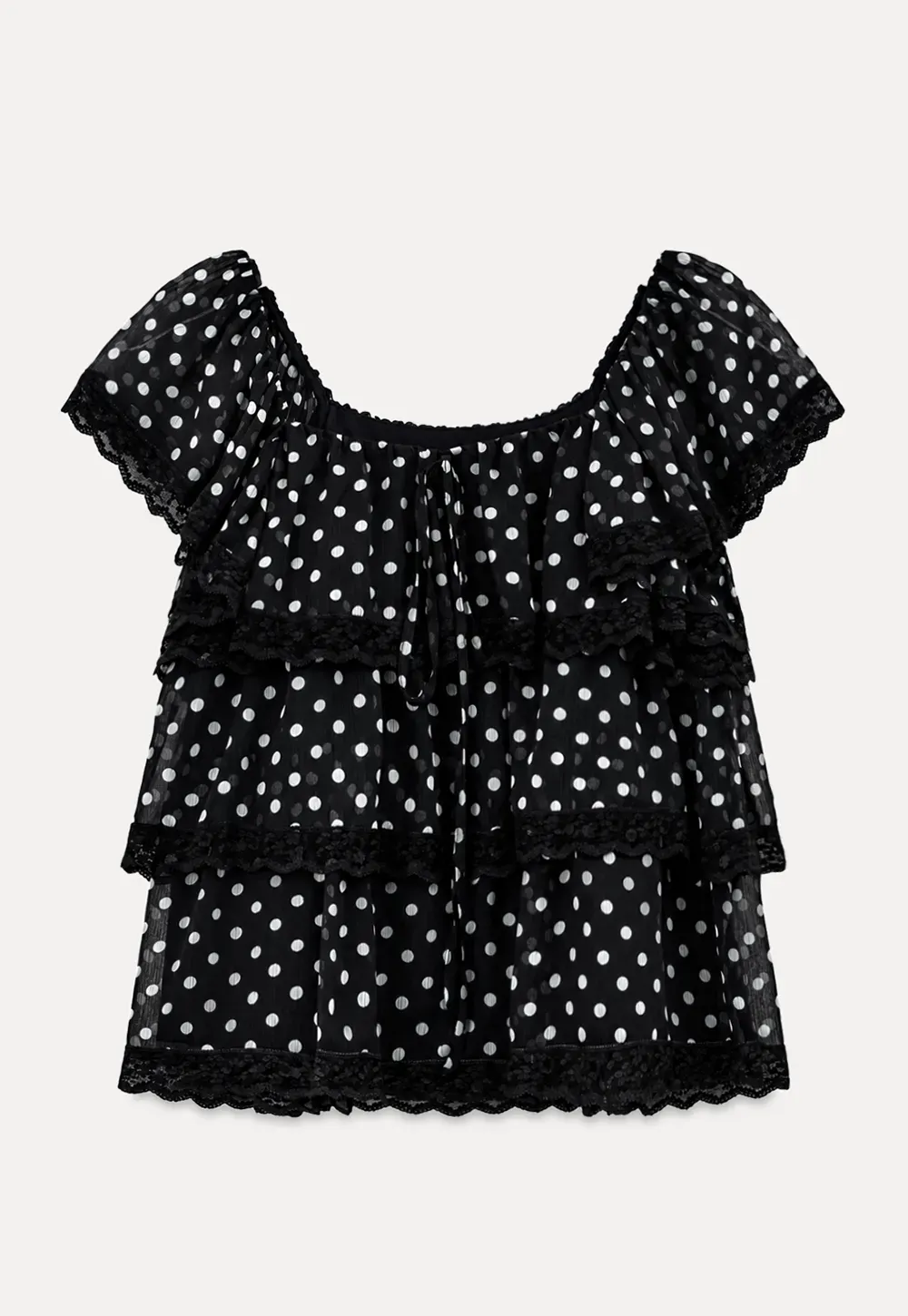 Polka Dot Sheer Ruffled Lace Trim Blouse