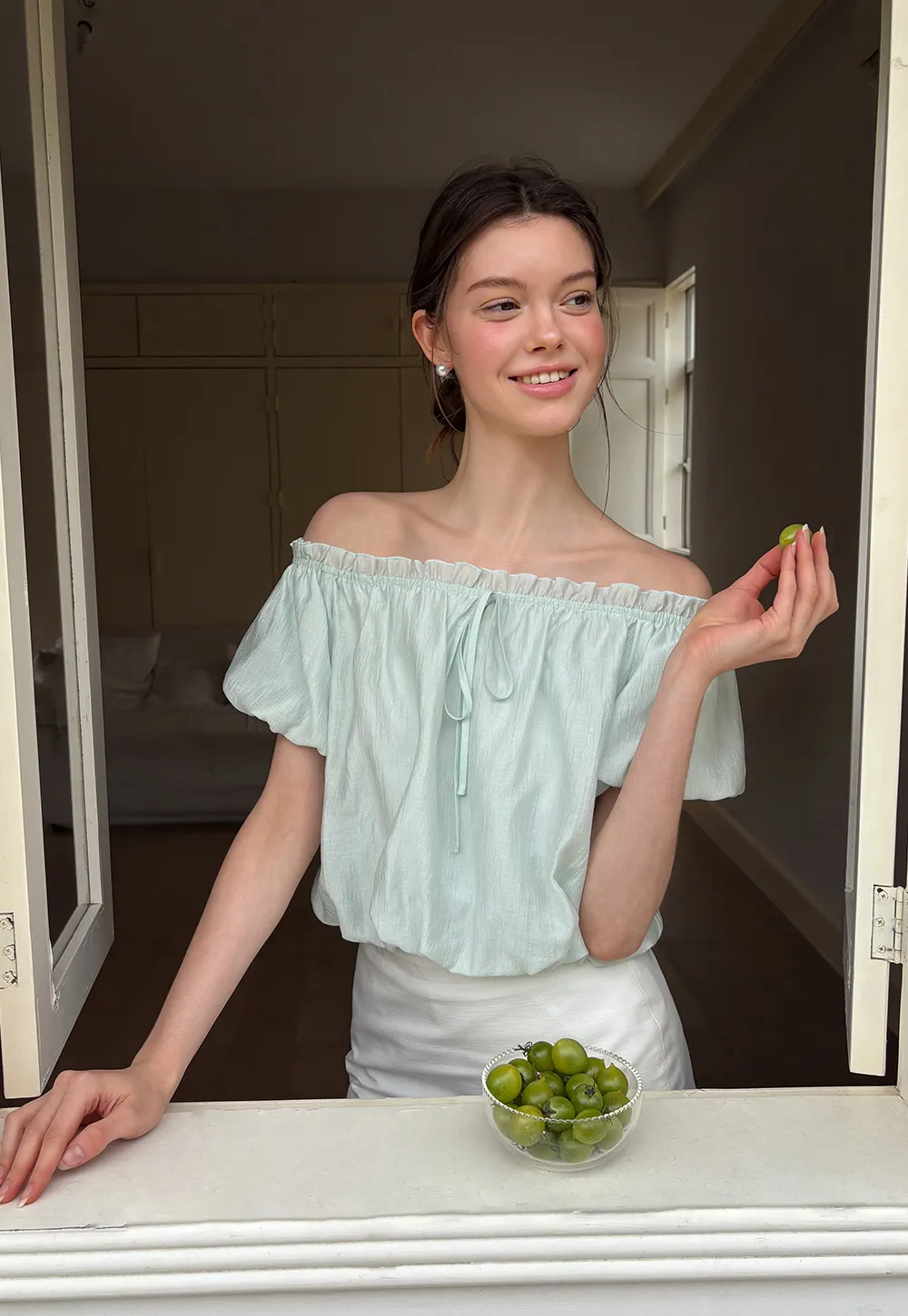 Off Shoulder Ruffled Blouse with Drawstring Neckline