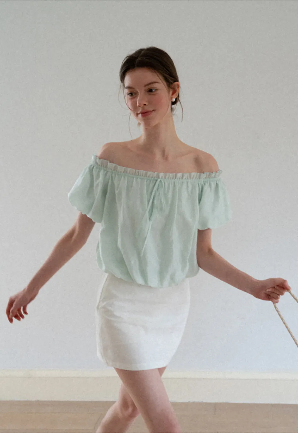 Off Shoulder Ruffled Blouse with Drawstring Neckline