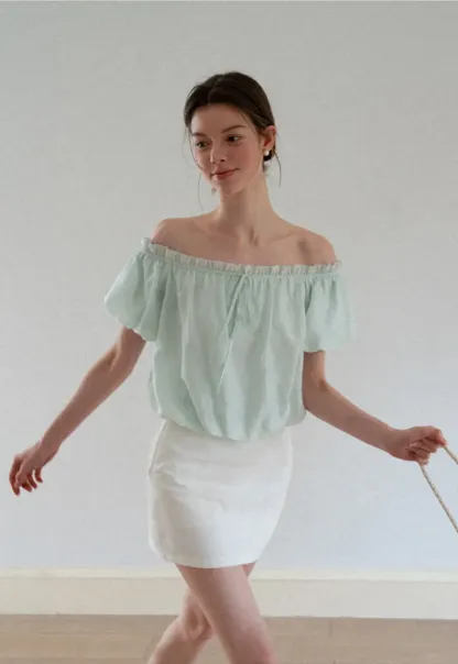 Off Shoulder Ruffled Blouse with Drawstring Neckline