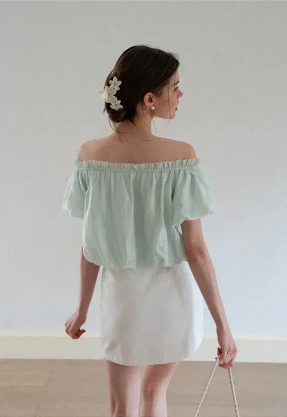 Off Shoulder Ruffled Blouse with Drawstring Neckline