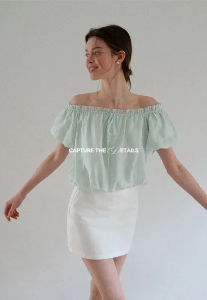 Off Shoulder Ruffled Blouse with Drawstring Neckline