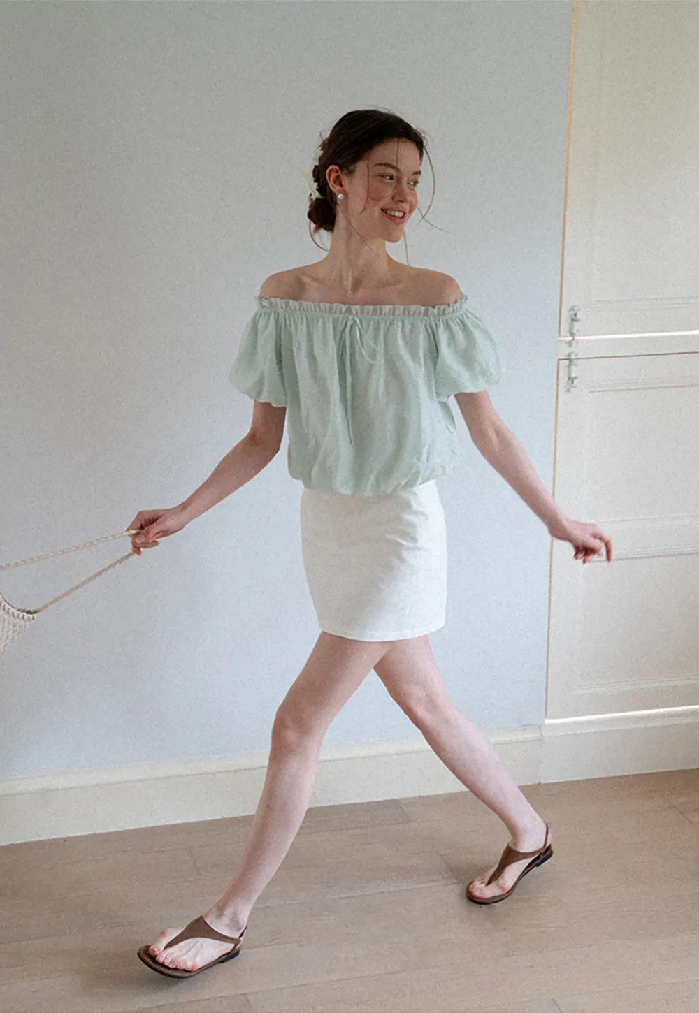 Off Shoulder Ruffled Blouse with Drawstring Neckline