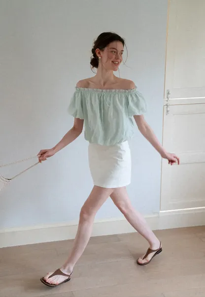 Off Shoulder Ruffled Blouse with Drawstring Neckline