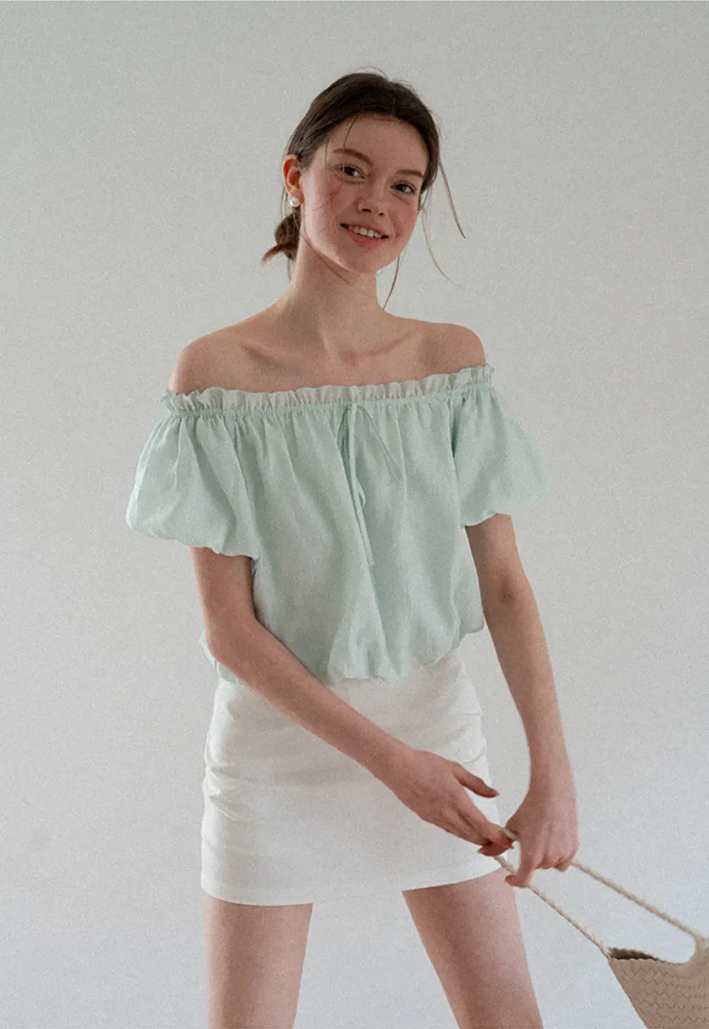 Off Shoulder Ruffled Blouse with Drawstring Neckline