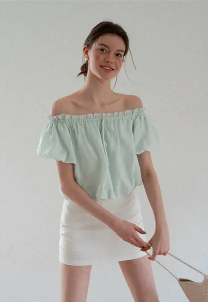 Off Shoulder Ruffled Blouse with Drawstring Neckline