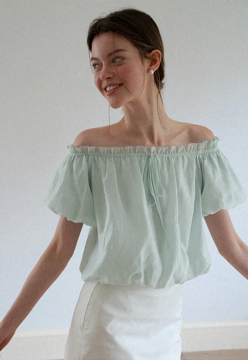 Off Shoulder Ruffled Blouse with Drawstring Neckline