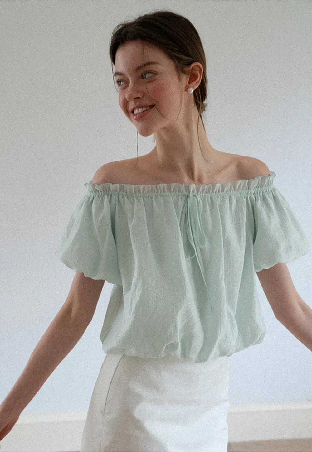 Off Shoulder Ruffled Blouse with Drawstring Neckline