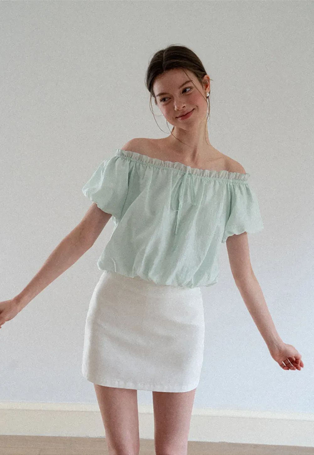 Off Shoulder Ruffled Blouse with Drawstring Neckline