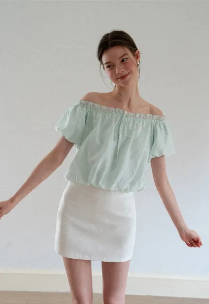 Off Shoulder Ruffled Blouse with Drawstring Neckline