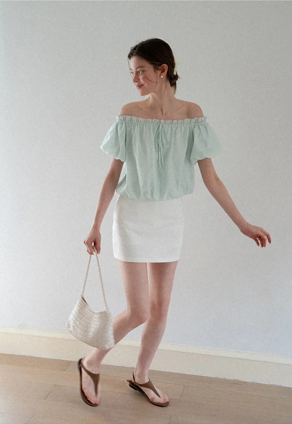 Off Shoulder Ruffled Blouse with Drawstring Neckline
