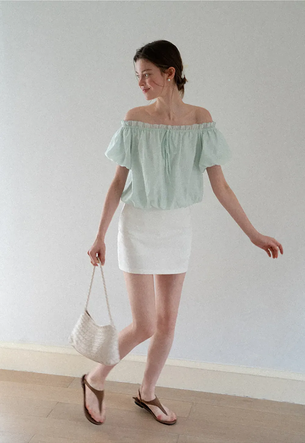 Off Shoulder Ruffled Blouse with Drawstring Neckline