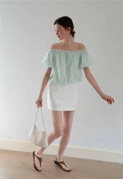 Off Shoulder Ruffled Blouse with Drawstring Neckline