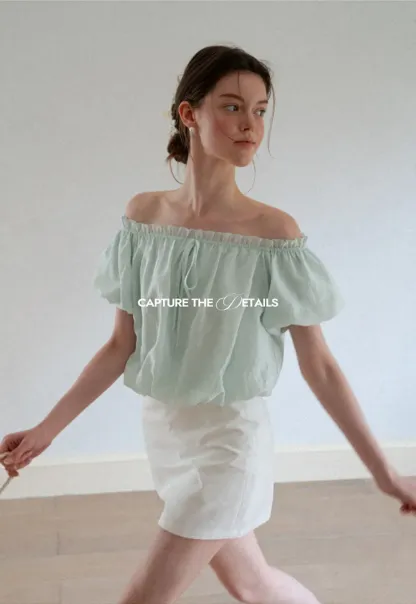 Off Shoulder Ruffled Blouse with Drawstring Neckline