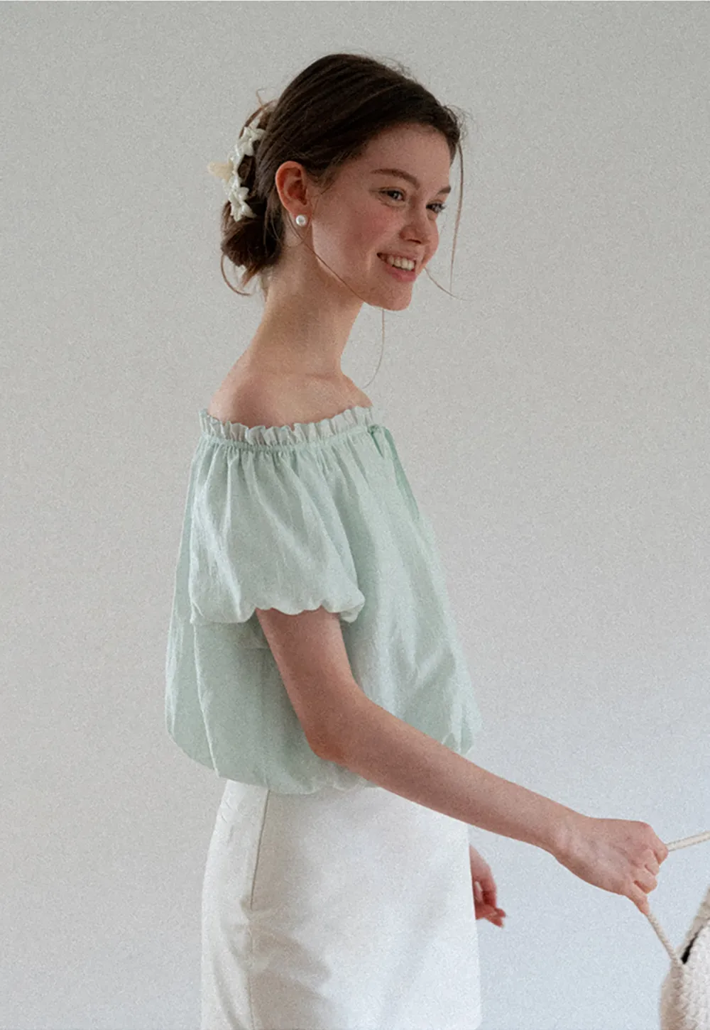 Off Shoulder Ruffled Blouse with Drawstring Neckline