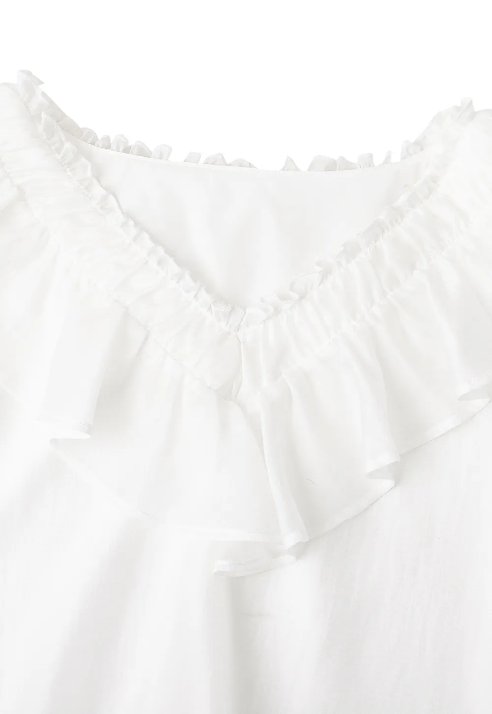 Ruffled V Neck Sheer Long Sleeve Blouse