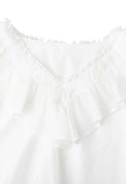 Ruffled V Neck Sheer Long Sleeve Blouse