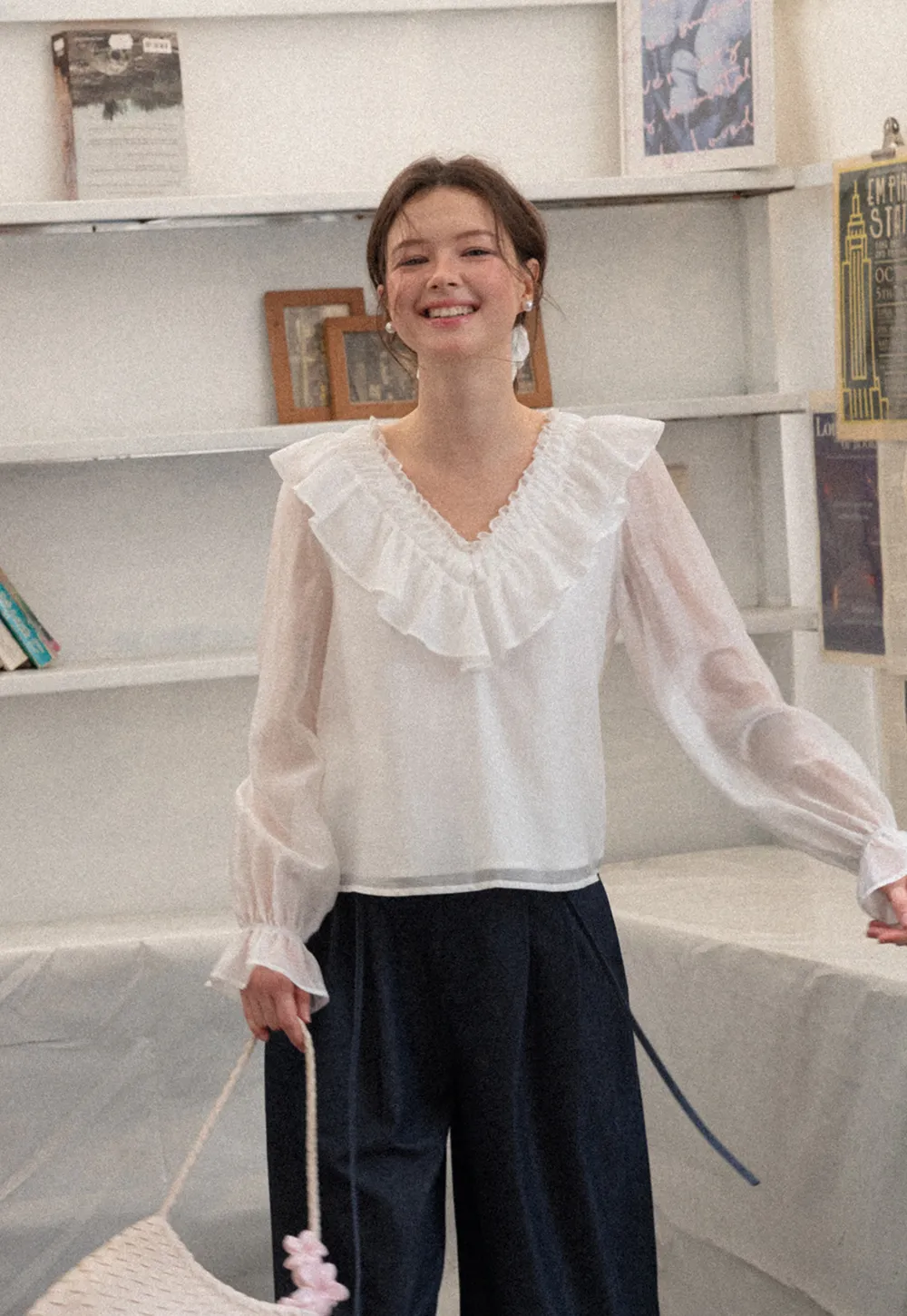 Ruffled V Neck Sheer Long Sleeve Blouse