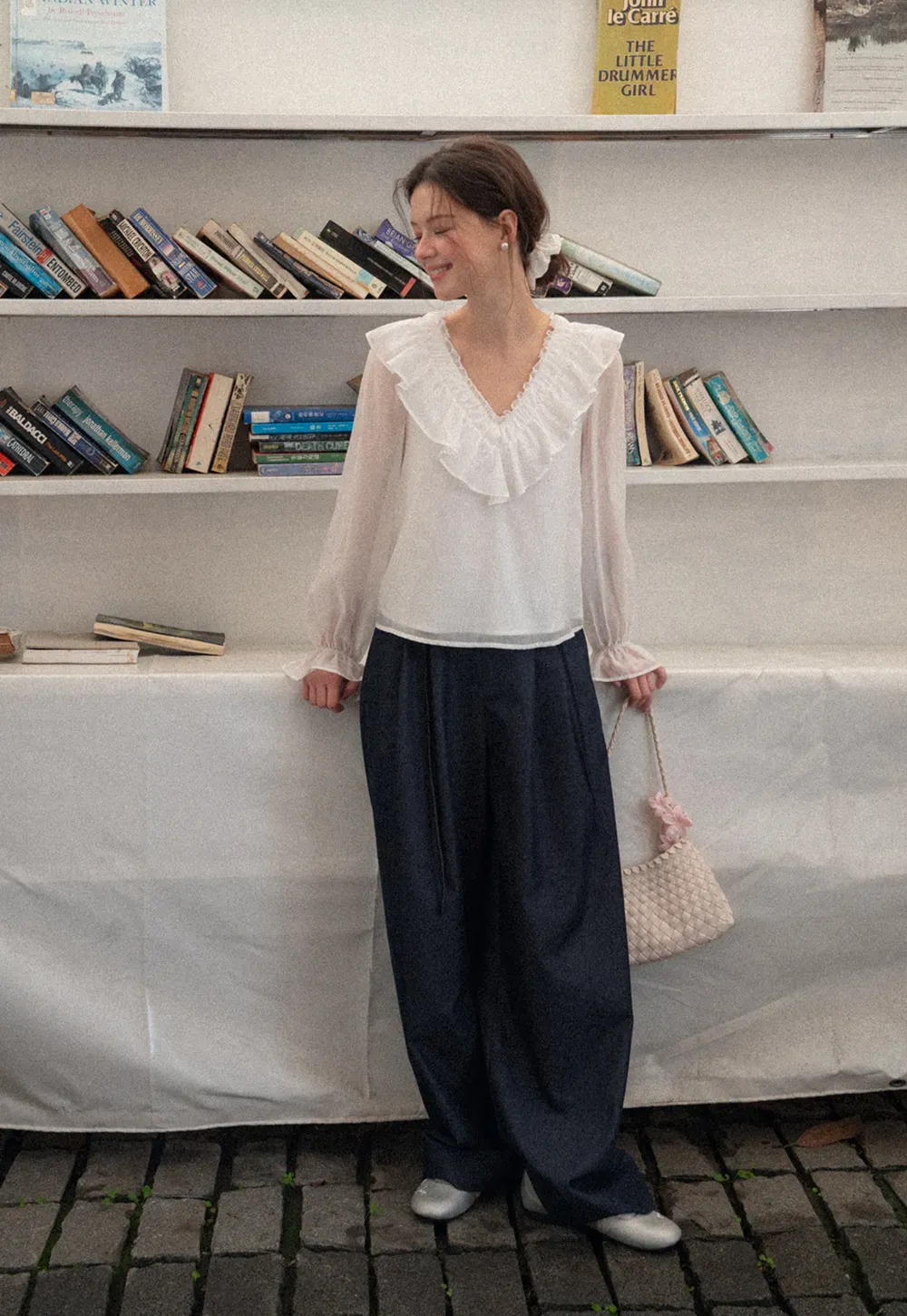 Ruffled V Neck Sheer Long Sleeve Blouse