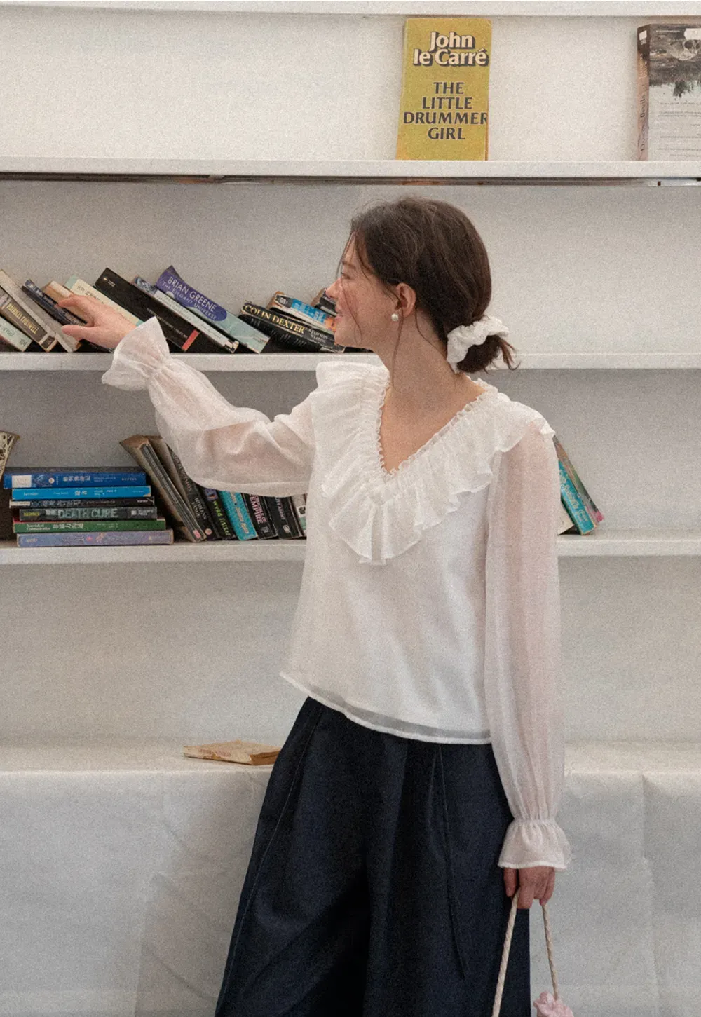 Ruffled V Neck Sheer Long Sleeve Blouse