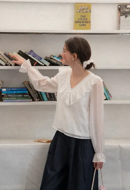 Ruffled V Neck Sheer Long Sleeve Blouse