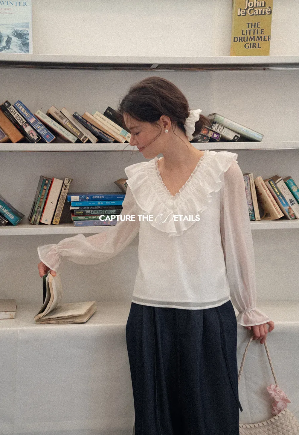 Ruffled V Neck Sheer Long Sleeve Blouse
