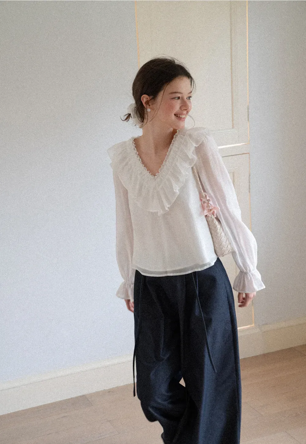 Ruffled V Neck Sheer Long Sleeve Blouse