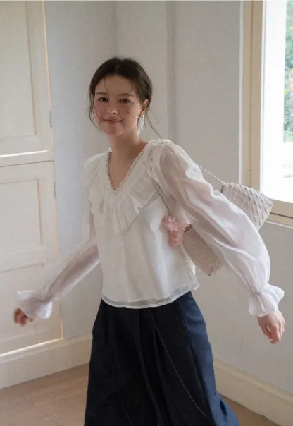 Ruffled V Neck Sheer Long Sleeve Blouse