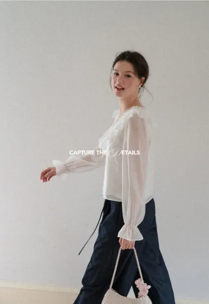 Ruffled V Neck Sheer Long Sleeve Blouse