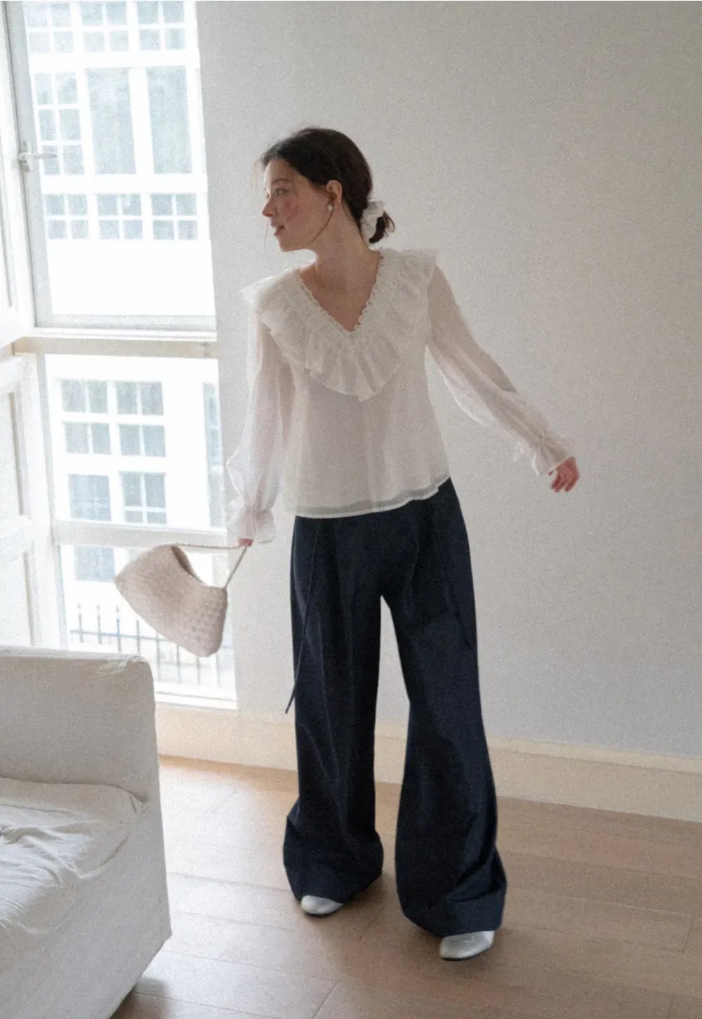 Ruffled V Neck Sheer Long Sleeve Blouse