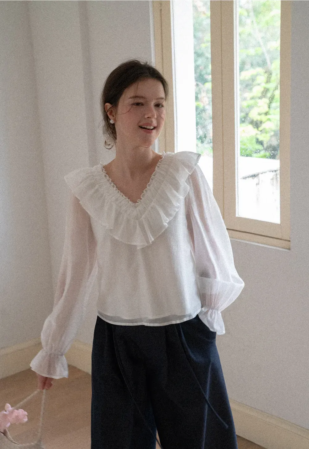 Ruffled V Neck Sheer Long Sleeve Blouse