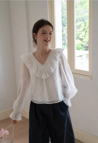 Ruffled V Neck Sheer Long Sleeve Blouse
