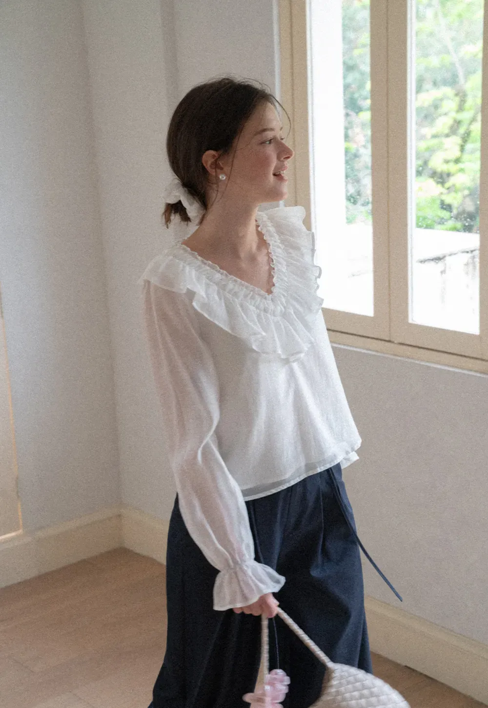 Ruffled V Neck Sheer Long Sleeve Blouse