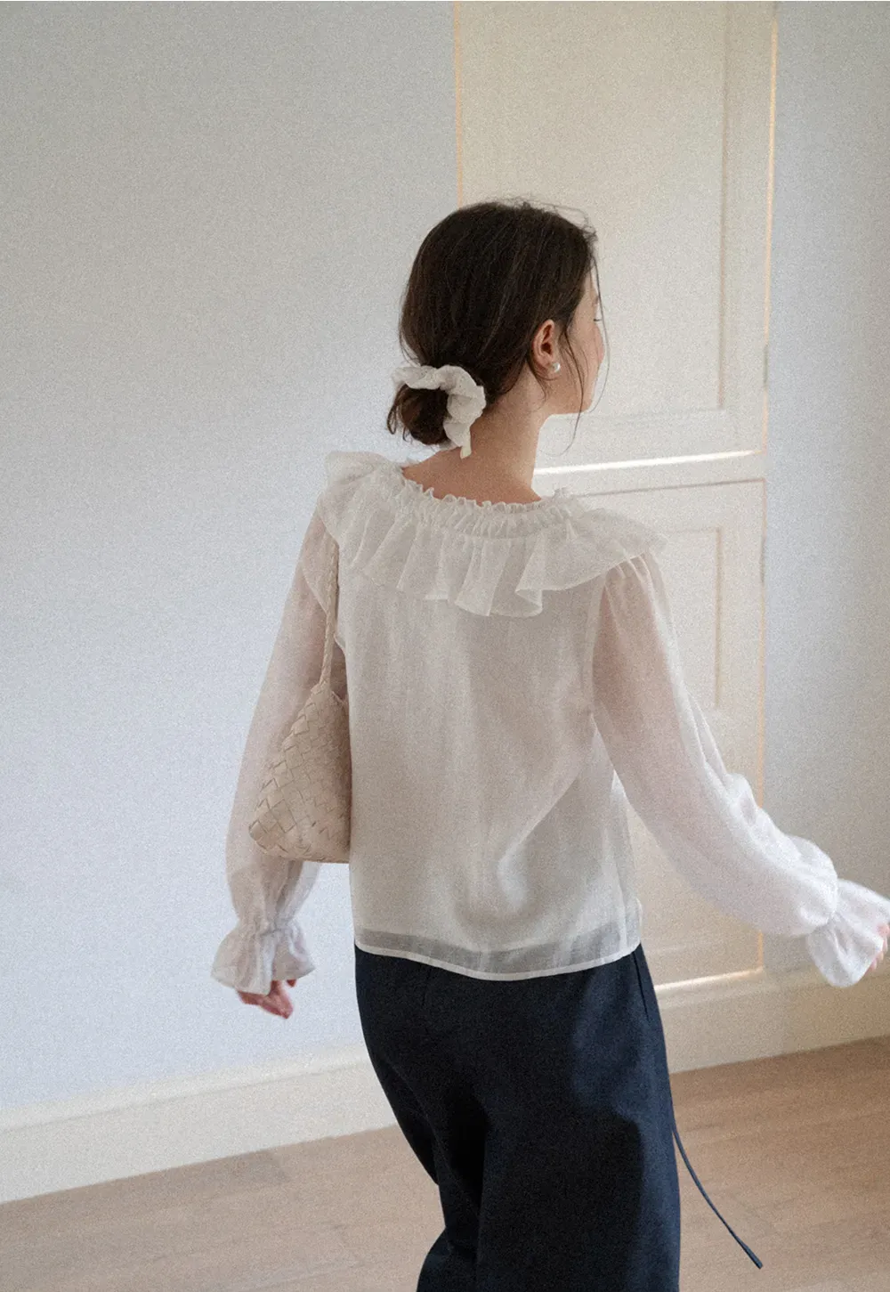 Ruffled V Neck Sheer Long Sleeve Blouse