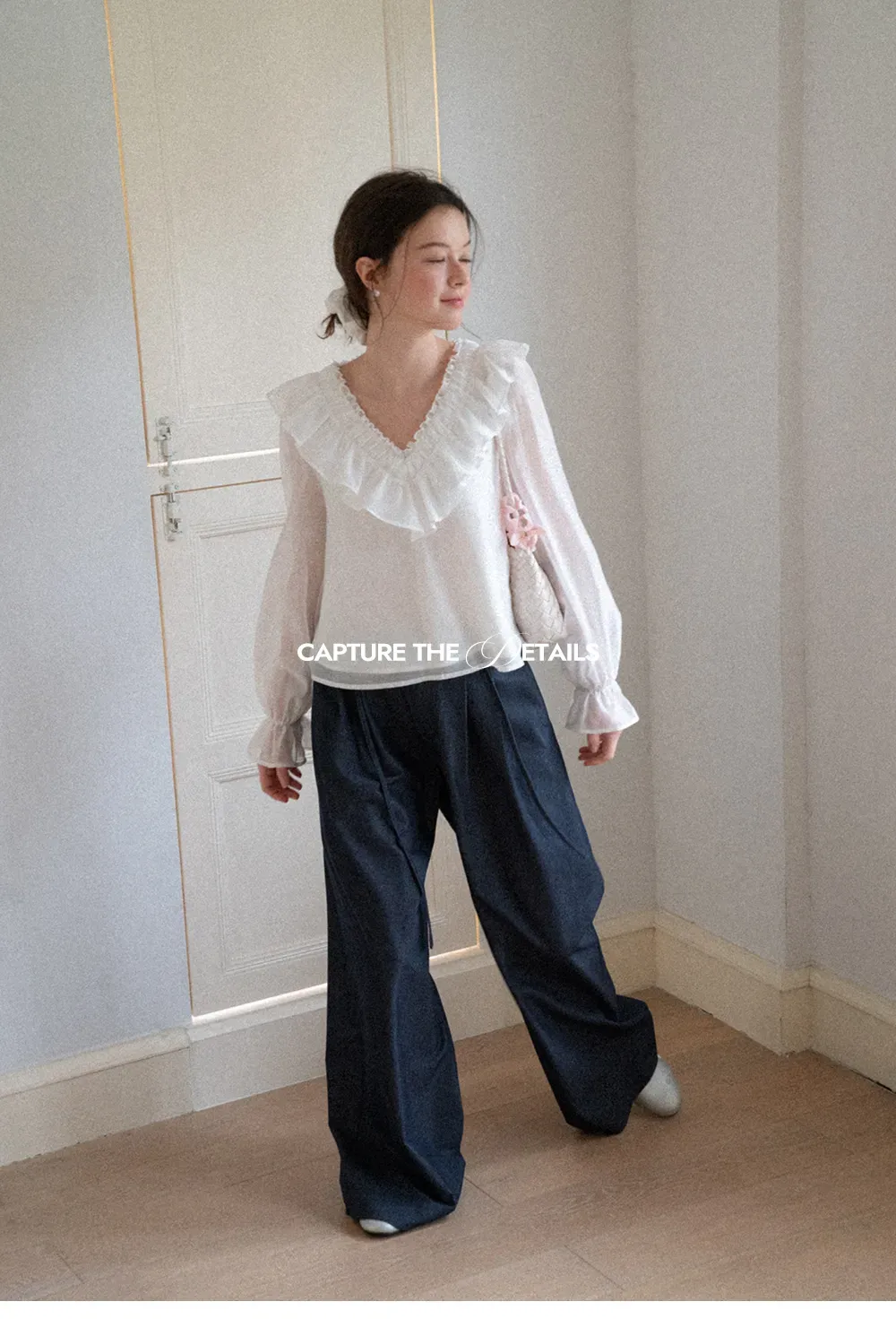 Ruffled V Neck Sheer Long Sleeve Blouse