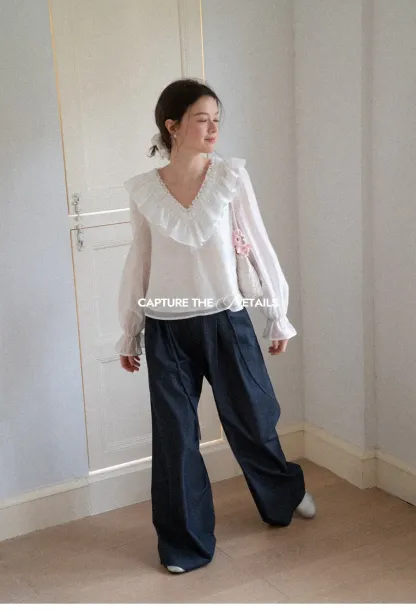 Ruffled V Neck Sheer Long Sleeve Blouse