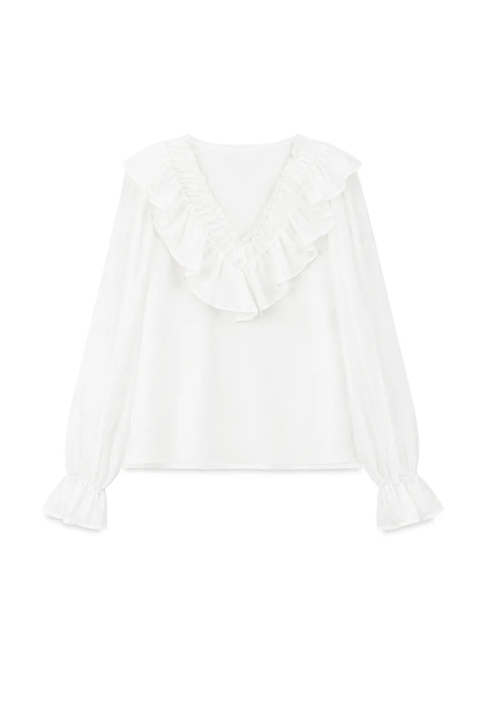 Ruffled V Neck Sheer Long Sleeve Blouse