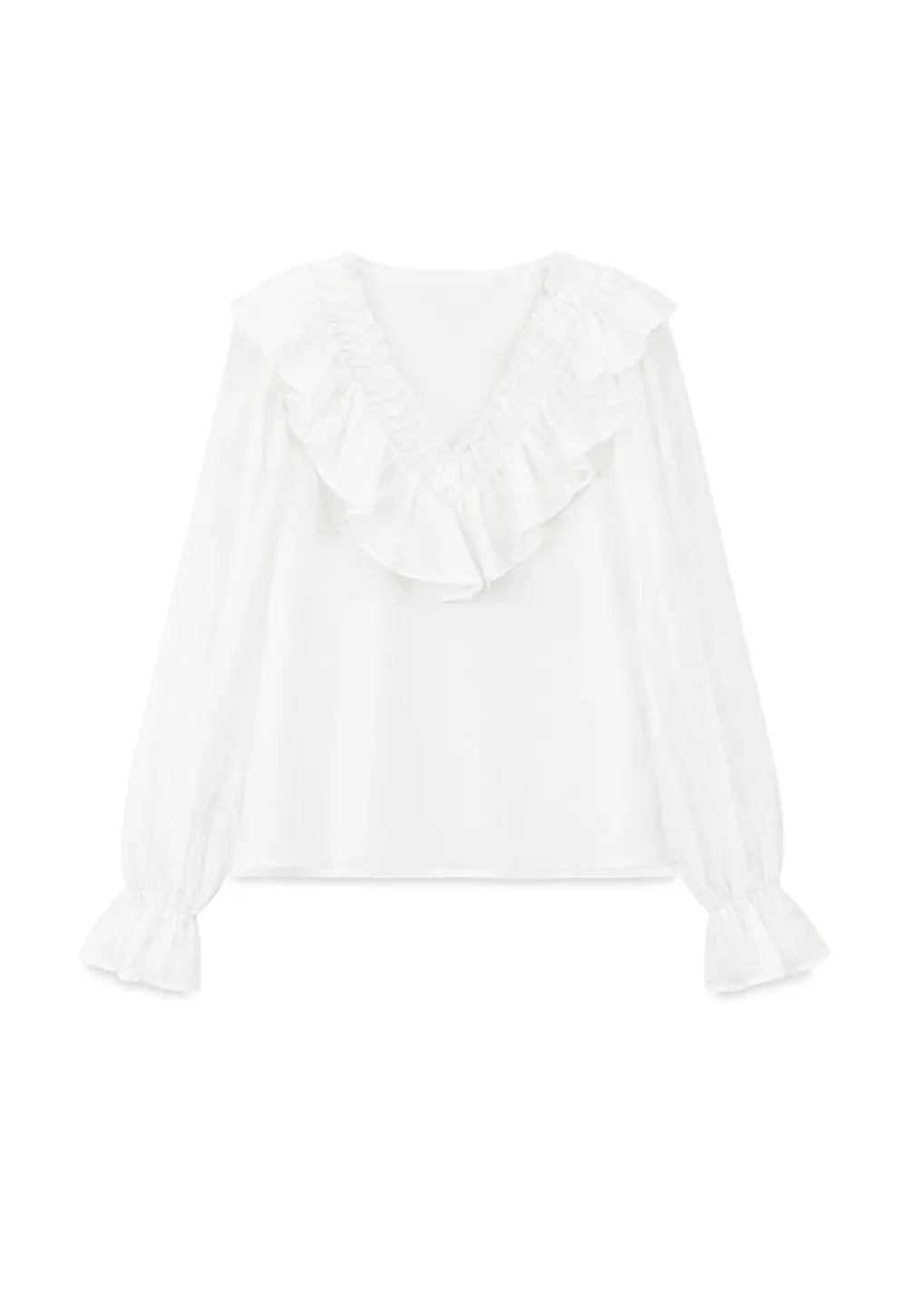 Ruffled V Neck Sheer Long Sleeve Blouse