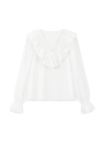 Ruffled V Neck Sheer Long Sleeve Blouse