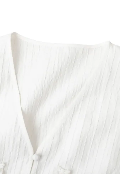 Ruffled Trim V Neck Puff Sleeve Blouse
