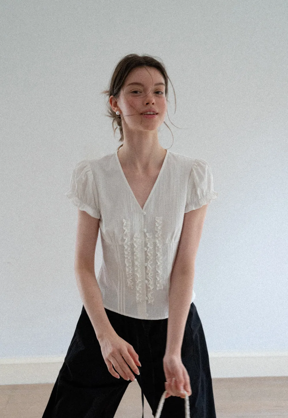 Ruffled Trim V Neck Puff Sleeve Blouse